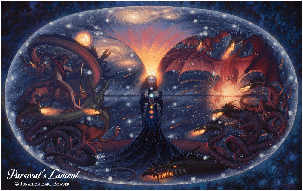 ...an oil painting of Kali, the cosmos-consuming Goddess of Death beyond the event-horizon 
of time and space, the liberating Fire-Thief for whom She waits, and Twelve Dragons of Universal Entropy that stand between them...