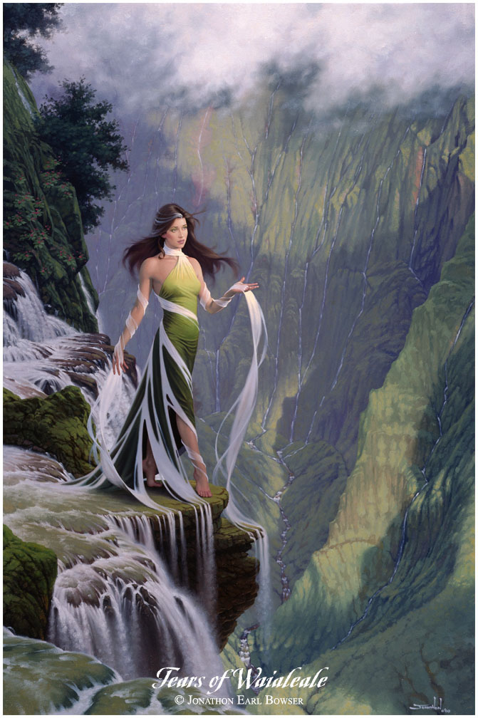 ...an oil painting of Waialeale, Goddess of the Mountain Rain, as She gently shapes the towering heights of Kauai...