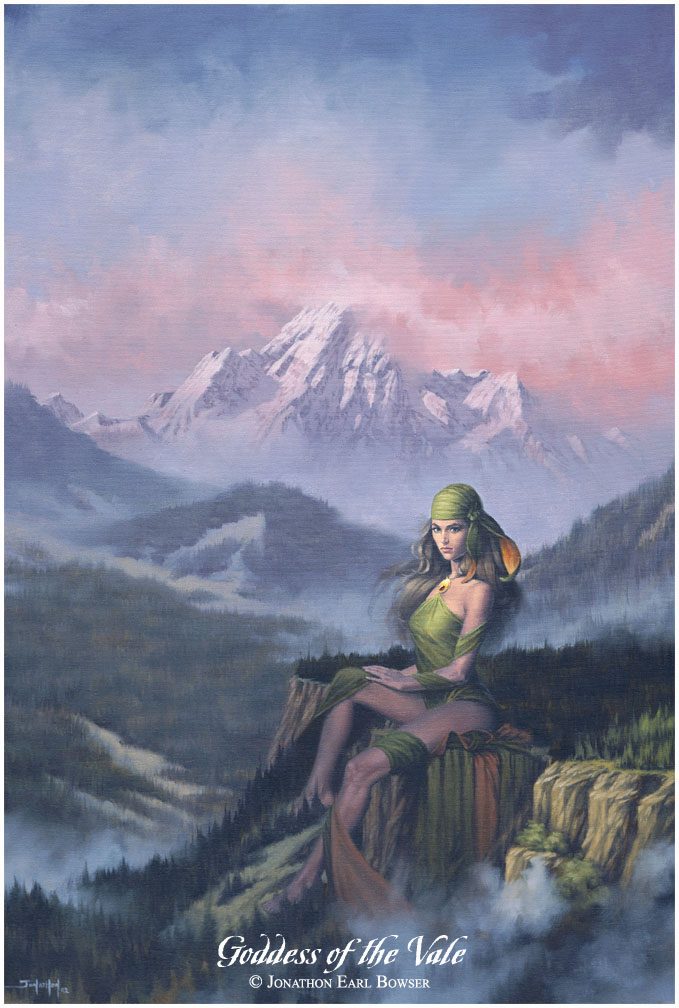 ...an oil painting of the Goddess of the High Forest, looking protectively over Her alpine domain in the misty light of dawn...